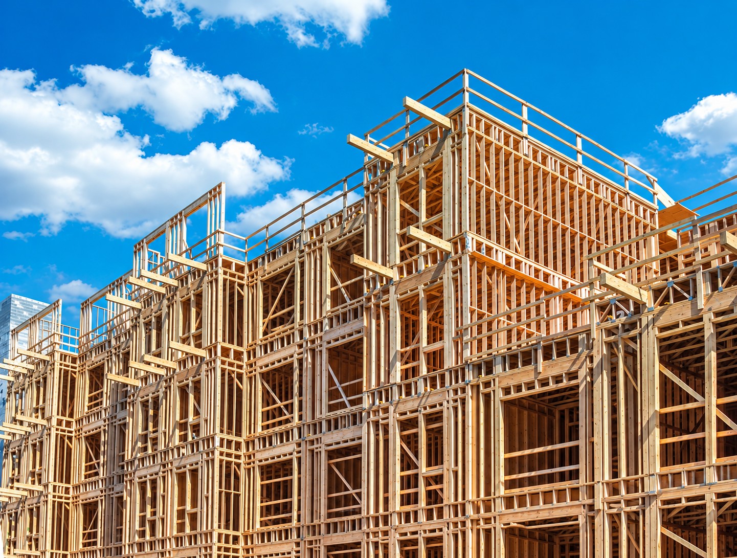 Multi-story building under construction with conventional wood framing.