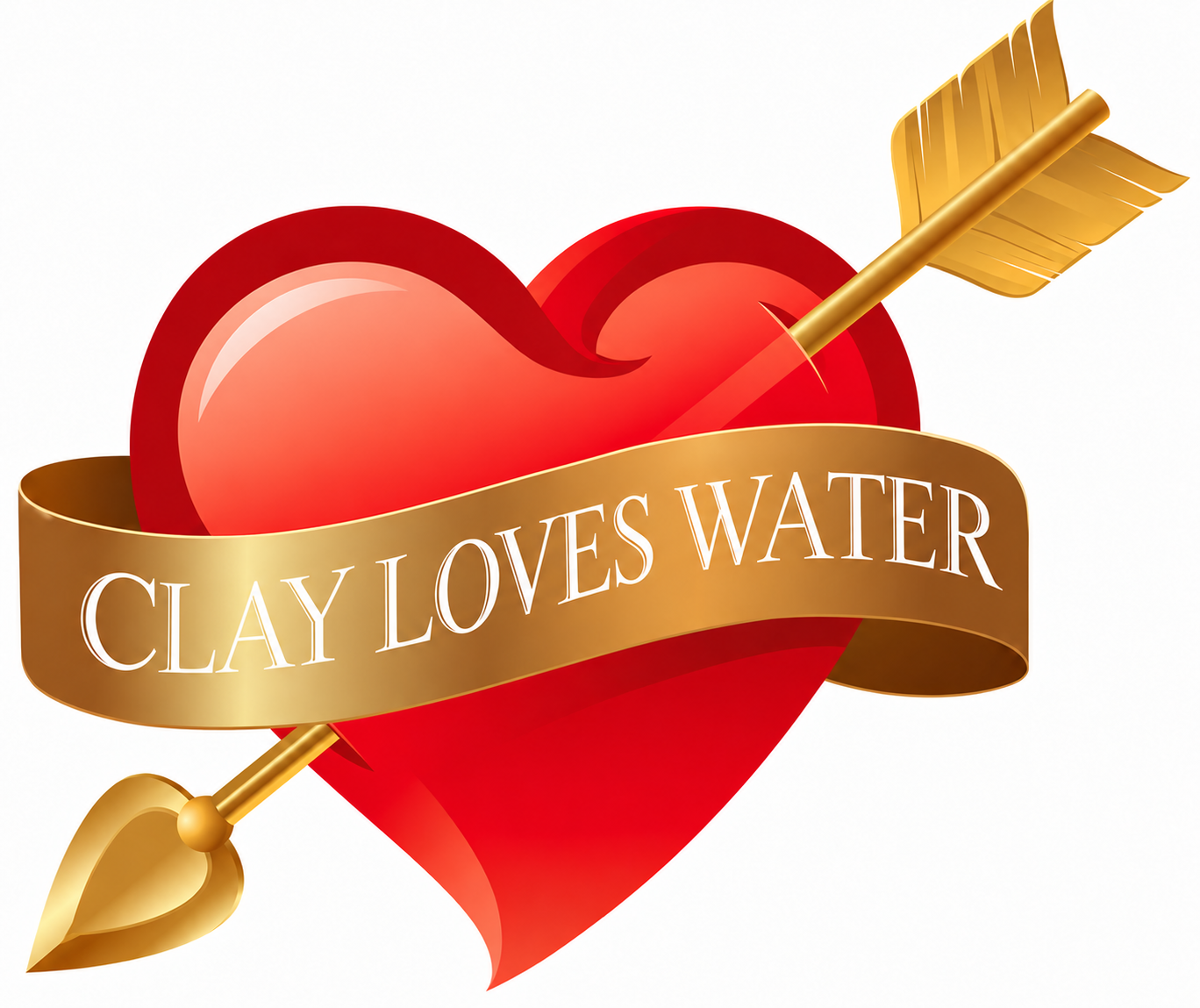 Illustration of a heart wrapped with a ribbon reading Clay Loves Water