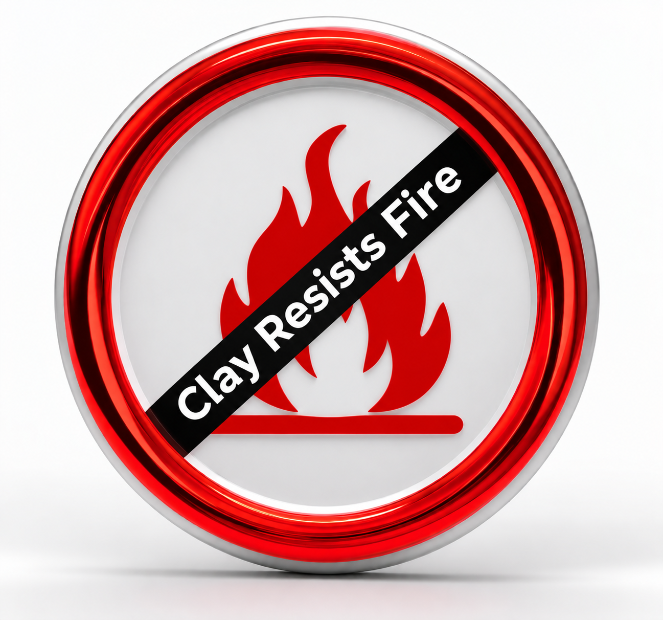 Illustration of a fire symbol crossed by a sign reading Clay Resists Fire