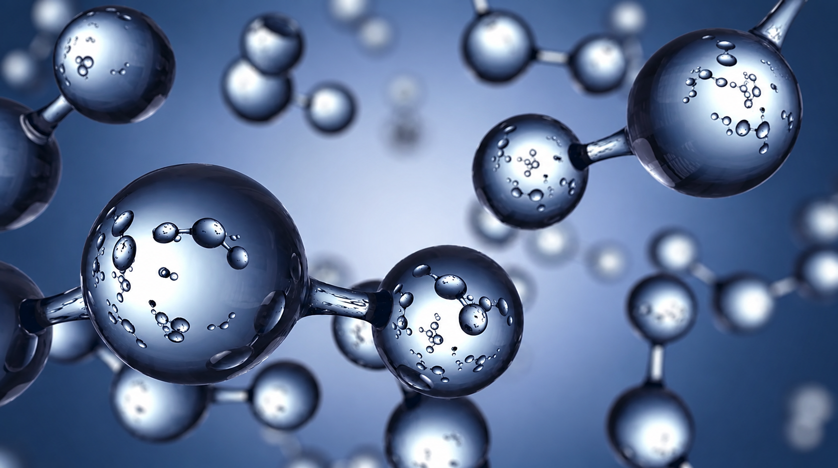 Metallic water molecules suspended in a blue field